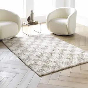Tapis rectangle 120 x 170 cm shaggy damero effet damier beige et i... pas cher