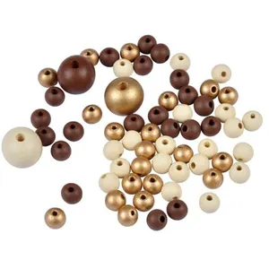 Paris Prix Lot de 63 Perles Rondes Bois 1-2cm Beige & Or pas cher