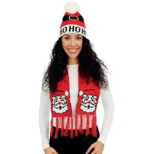 Comparateur de prix : Set de Noël adulte bonnet et écharpe noir motif père Noël FETE-48332