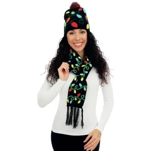 Comparateur de prix : Set de Noël adulte bonnet et écharpe noir motif guirlande de Noël