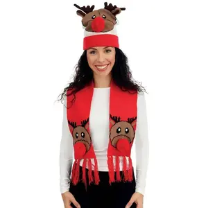 Set de Noël adulte - Bonnet et écharpe renne Rudolphe - Rouge et Bordeaux - Mélange de laine pas cher