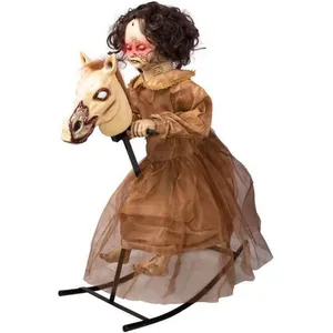 NO NAME Décoration Halloween - Spectre fille sur cheval à bascule animé - Blanc - 0,9 x 1 m pas cher
