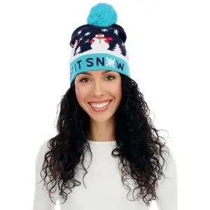 Comparateur de prix : Bonnet de noel adulte bleu avec bonhommes de neige Lumineux
