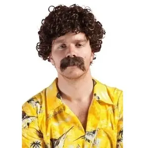 Perruque et moustache LUCIEN, courte frisée, marron pas cher