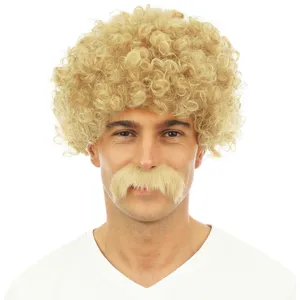 Perruque et moustache LUCIEN, courte frisée, blond RE81186 pas cher