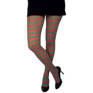 P'tit Clown Collants opaques rayés rouge et vert pour femme - idéal pour un déguisement de lutin de Noël pas cher