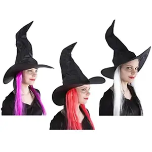 Chapeau sorcière adulte, tissu noir avec cheveux colorés (x1)