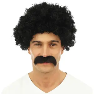 Comparateur de prix : Perruque courte frisée et moustache, Noir