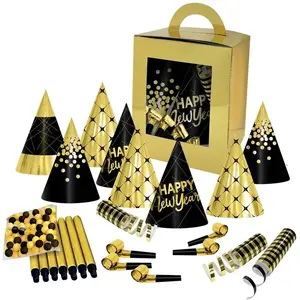 Comparateur de prix : Kit cotillons boite 10 personnes Or et noir Happy New Year