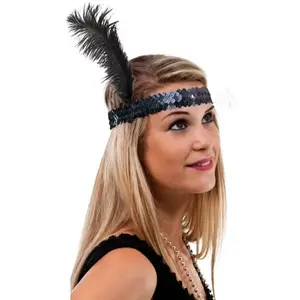 Comparateur de prix : BANDEAU CHARLESTON SEQUINS AVEC PLUME NOIRE