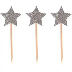RueDeLaFete Set de 12 piques déco étoiles pailletée Argent 7,5 cm pas cher