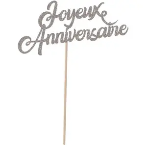 Pique à gâteau Joyeux Anniversaire pailletée Argent 20 cm FETE-22731 pas cher