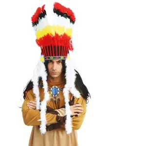 Coiffe indien rouge et jaune avec marabouts FETE-26300 pas cher