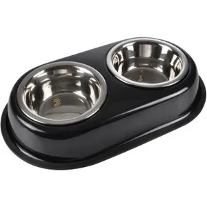 LOVE STORY Double bols en inox avec support en métal antidérapant - Noir - D14/9 x L 21 x l 14 cm
