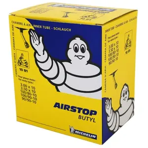 Comparateur de prix : Chambre à air 10" 3.00 à 3.50-10 Michelin Airstop 10b1 valve coudée 150°