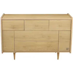Commode 5 Tiroirs Et 2 Portes Décor Chêne Vintage Poignées Dorées