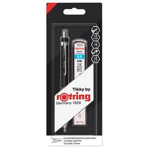 Comparateur de prix : Rotring Tikky 1 Porte-mine Noir 0,5mm, 1 étui de 12 mines 0,5mm HB, 1 gomme - Blister
