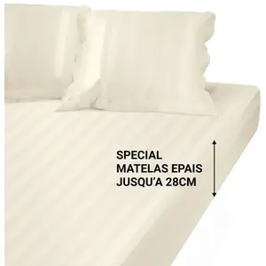 Drap Housse Grand Bonnet satin de coton rayé TERTIO® - Écru pas cher