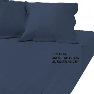 Drap-housse grand bonnet XL gaze de Coton TERTIO® / Bleu indigo pas cher