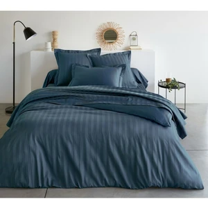 Housse de couette satin de coton 2 faces uni / rayé TERTIO® - Bleu Ind... pas cher