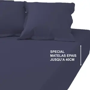 Drap-housse grand bonnet XL percale de coton Tertio® - Bleu Indigo pas cher