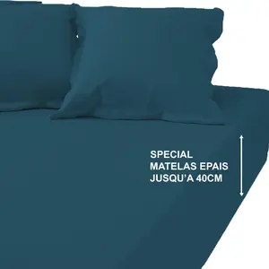 Drap-housse grand bonnet XL Coton TERTIO® -Bleu canard pas cher