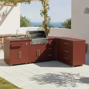 Cuisine extérieure acier 4 éléments avec barbecue brique - Oviala Memp... pas cher