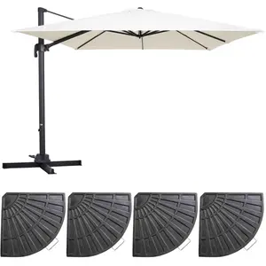 Comparateur de prix : OVIALA Parasol déporté rotatif 3x3m et 4 dalles lestées aluminium blanc