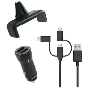 Comparateur de prix : Muvit Pack 3 en 1 Chargeur de Voiture 2 USB-A + Cable 3 en 1 + Support Grille