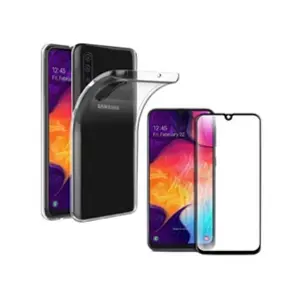 Coque pour Samsung Galaxy A50 - Silicone Souple Transparent + Verre Trempé Integral Bord Noir Film Ecran [Phonillico®] pas cher