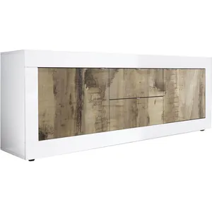 ALTOBUY Otello - buffet bas 2 portes 2 tiroirs finition blanc laqué et aspect bois antik pas cher