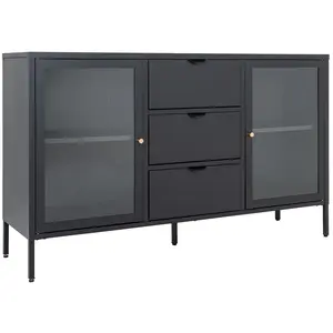 Comparateur de prix : Altobuy HUGO - Buffet 2 Portes Vitrées 3 Tiroirs en Métal Laqué Noir