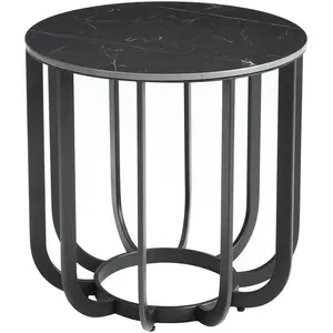 Altobuy KLODIE - Bout de Canapé Rond Plateau Céramique Marbré Cadre Métal Gris Anthracite pas cher