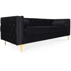 INTENSE DECO Canapé 3 places Edward Velours Noir pieds doré pas cher
