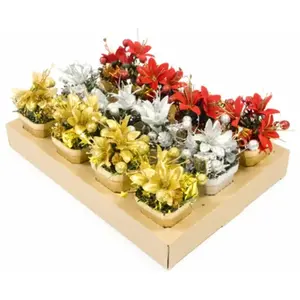 TENDANCES FETES 1 Composition florale de Noël artificielle de 16 cm REF/PO1029 Modèle aléatoire: argent, rouge ou doré or