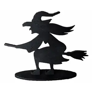 Comparateur de prix : RueDeLaFete Centre de table Halloween Sorcière sur Balai 19x15cm en bois, Noir