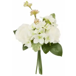 RueDeLaFete Bouquet de 2 Roses, 2 Hortensias, et Spirée 34cm, Blanc pas cher