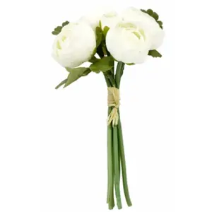 RueDeLaFete Bouquet de 4 Renoncules et bouton avec raphia 23cm, Blanc naturel pas cher