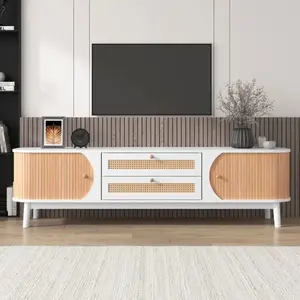Samlong Meuble TV- Meuble TV en bois naturel avec portes et tiroirs en rotin, style champêtre naturel - Blanc pas cher