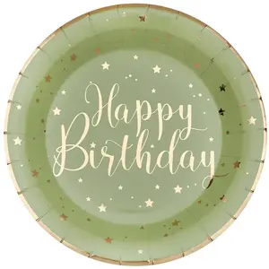 Comparateur de prix : Sachet de 10 Assiettes Happy Birthday métal, Sauge/Or