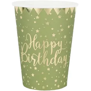 RueDeLaFete Sachet de 10 Gobelets Happy Birthday métal, Sauge/Or (bord doré) pas cher