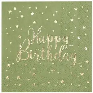 RueDeLaFete Sachet de 20Petites serviettes Happy Birthday métal, Sauge/Or pas cher