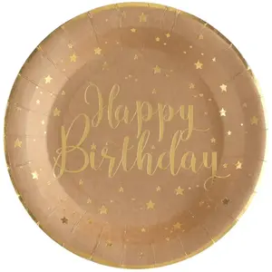 Comparateur de prix : Sachet de 10 Assiettes Happy Birthday métal, Kraft/Or