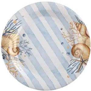 Comparateur de prix : 10 ASSIETTES CARTON COQUILLAGE 22.5CM BLEU BLANC