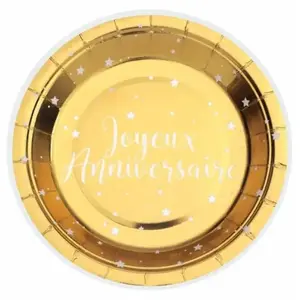 Comparateur de prix : 10 ASSIETTES CARTON ANNIVERSAIRE 17.5CM OR
