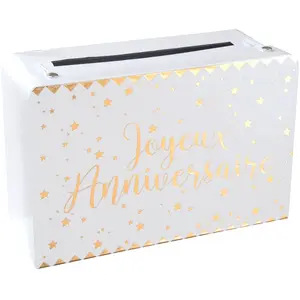 Tirelire Joyeux anniversaire métallisée blanche et or