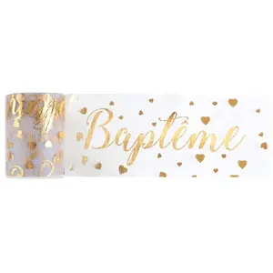 Ruban de tulle Baptême 10m, Blanc/Or CH7675 3 pas cher