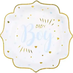 SANTEX Assiette Baby Shower Boy en blanc, bleu ciel et or métallisé 21cm (x10) REF/7252 matière carton pas cher
