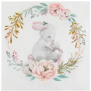 RueDeLaFete 20 SERVIETTES DE TABLE JETABLE PAPIER LAPINS PÂQUES FLEURI 33CM  Blanc pas cher