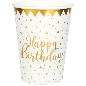 SANTEX 6746-1, Sachet de 10 Gobelets Happy Birthday métal, Blanc/Or pas cher